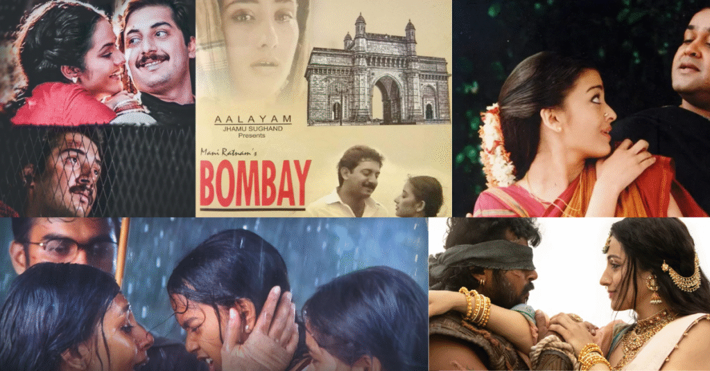 Stills from Roja, Iruvar, Kannathil Muthamittal, Ponniyin Selvan, and Bombay — five memorable Mani Ratnam films.
